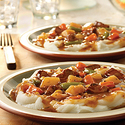 Sirloin Burger with Country Vegetables over Mashed Potatoes